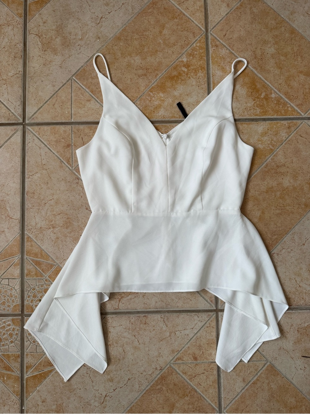 San Joy White Asymmetrical Peplum Spaghetti Strap Top